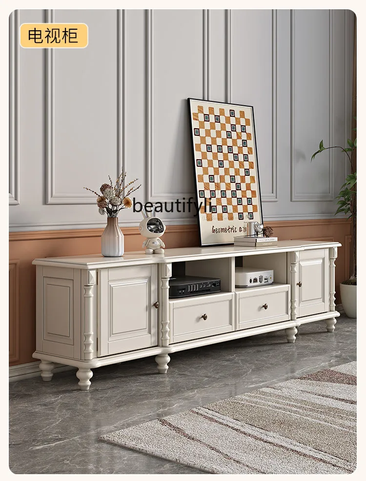 American Cream Style White Solid Wood TV Cabinet and Tea Table Combination Living Room Log Floor Cabinet