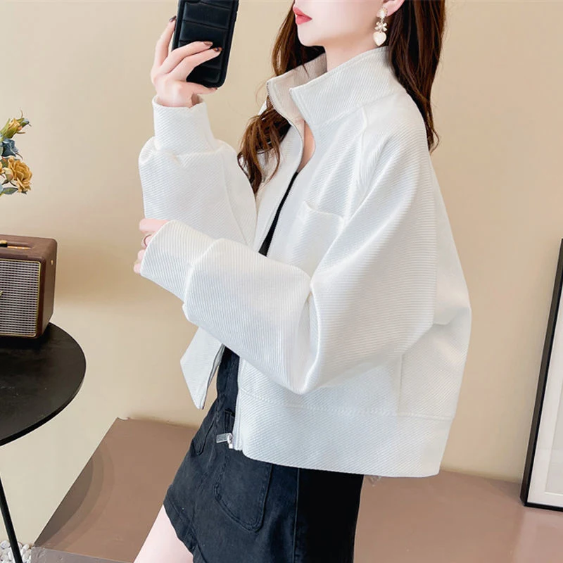 Casaco de gola para mulher primavera outono coreano moda chique solto streetwear zíper cardigan feminino moletom jaqueta roupas