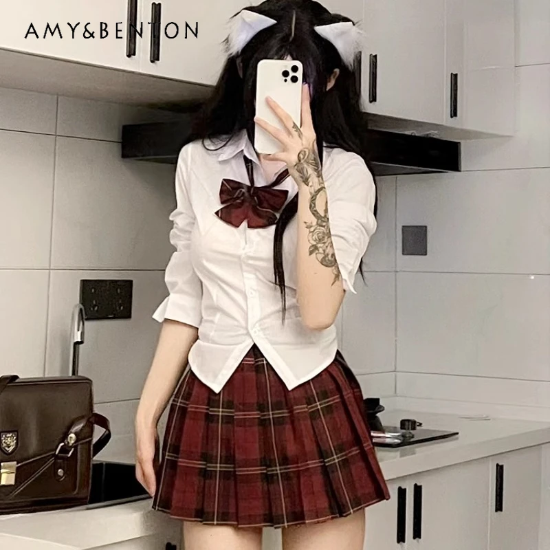 

Japanese Style JK Uniform Preppy Style Short Sleeved Shirt Top Tight Waist Pleated Skirt Versatile Gray Cardigan Coat For Female