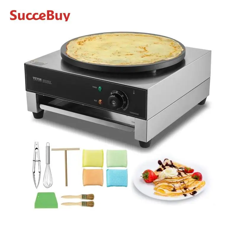VEVOR Crepera eléctrica, máquina para crepes comercial de 16 pulgadas, plancha para crepes de placa plana de 1700 W, máquina para hacer panqueques de acero inoxidable antiadherente, estufa circular de escritorio para p