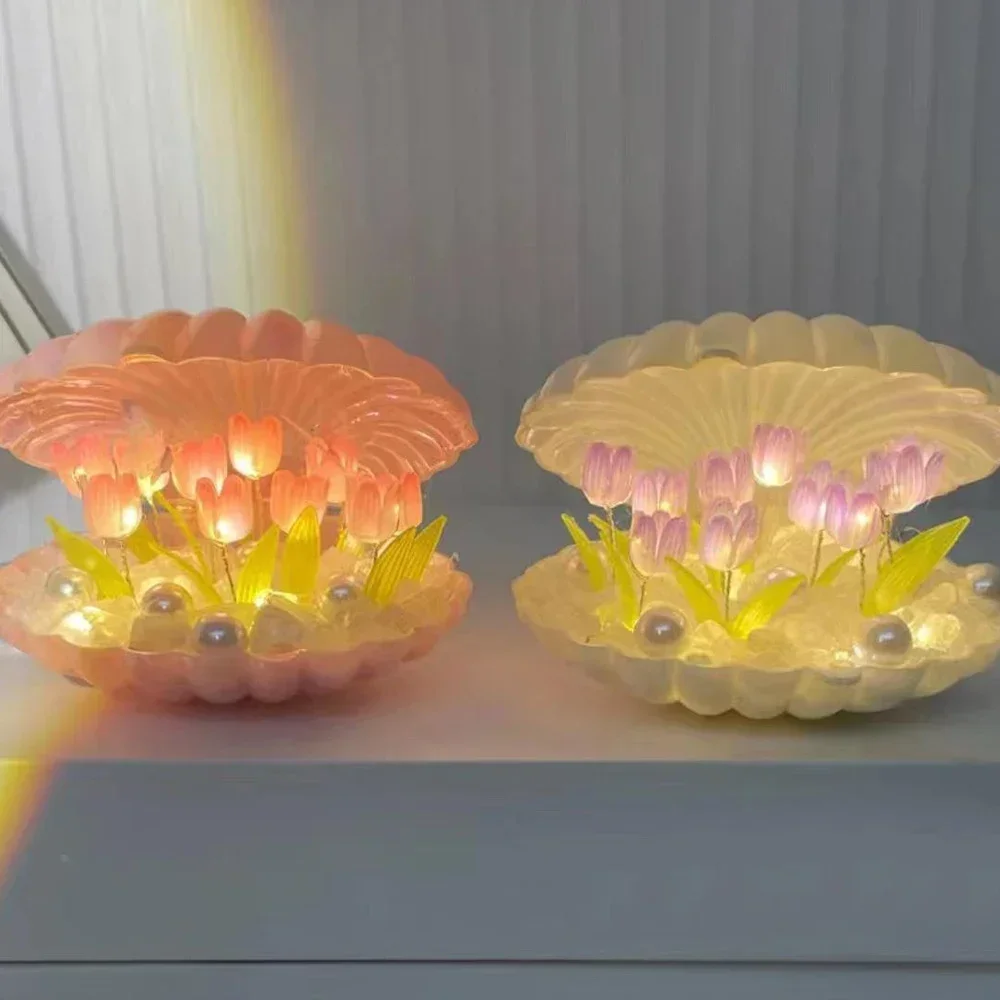 1Pc Shell Tulp Nachtlampje Handgemaakte DIY Home Decor Slaapkamer Sfeer Licht Meisje Moeder Vriendin Verjaardagscadeau Valentijnsdag