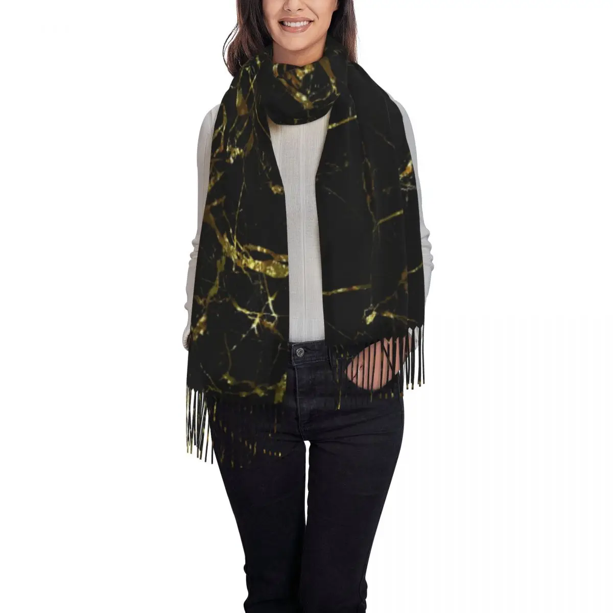 Golden Marble Scarf Gold Bullion Print Keep Warm Shawls and Wraps with Tassel Men Women Casual Headwear Scarves Autumn Bufanda