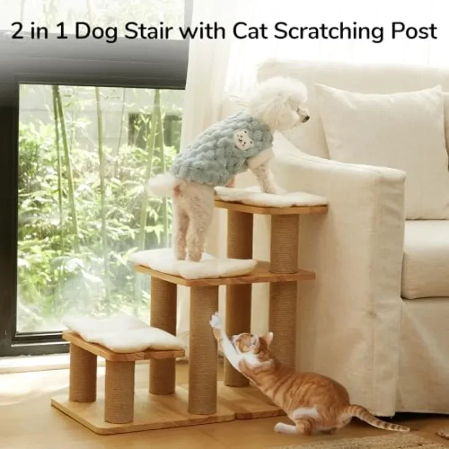 Dog Stairs, Solid Wood Pet Stairs with Cat Scratching Post Transformable Cat Step Holds Up to 200 lbs, 20 Pet Ramp for Dogs and