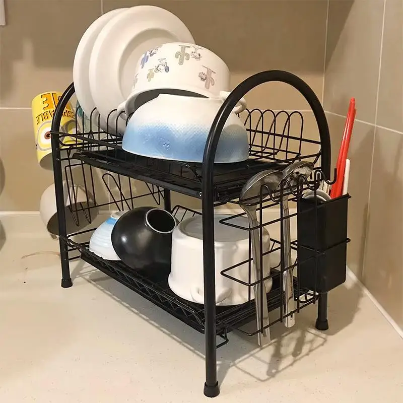 Multi-Layer Floor-Standing Drainable Bowl Rack Kitchen Storage Dishwasher Black Stand Countertop Plate Dishware Fork Cabinet