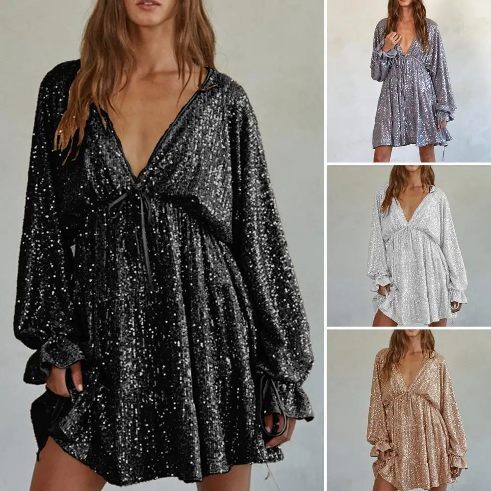 

Women Attire Sequin Shimmering V Neck Party Dress with Lace-up Strap Look Elegant Clubwear for Women Long Sleeve Mini Dress