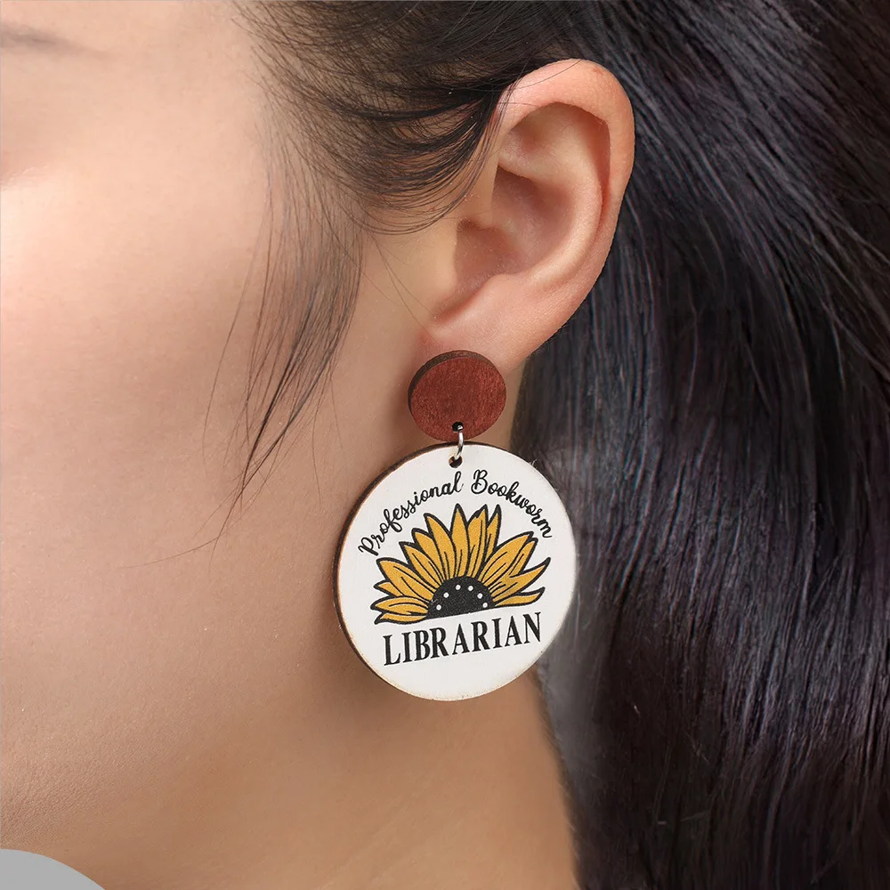 A pair of European and American earrings school teacher librarian principal earrings sunflower wooden colored letters