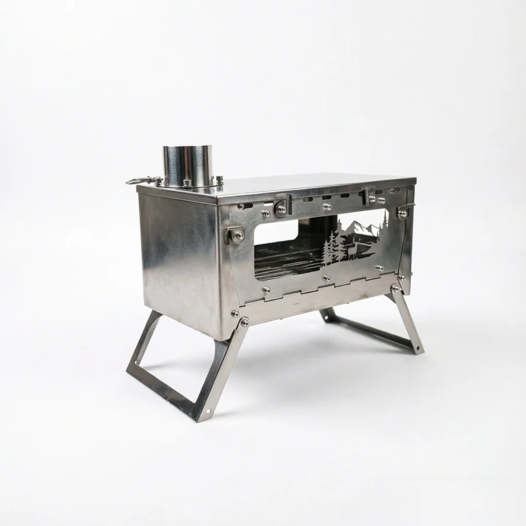 Portable Folding Stainless Steel Wood Stove with Window Grille Design, for Outdoor Camping, Tent Heating & Barbecue