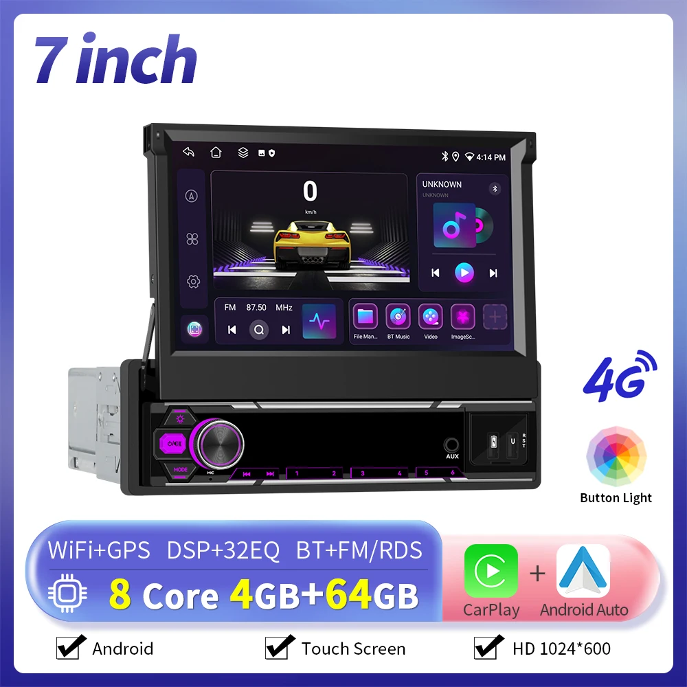 Camecho 6 + 128G 1 Din Autoradio 7 "Intrekbaar Scherm Android Autoradio Carplay Auto GPS Stereo 1Din Multimedia Speler Wifi 4G