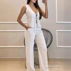 Women Two Piece Sets Pant Set V Neck Matching Sets Sleeveless Sexy Vest Tops High Waist Wide Leg Long Pants Casual Slim Summer