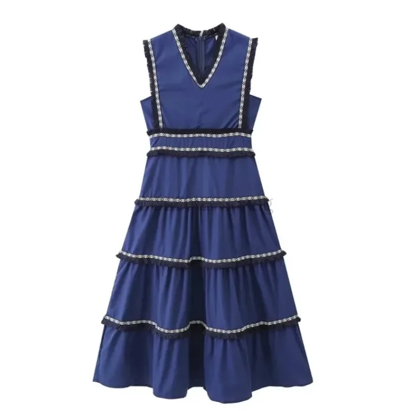 فستان نسائي على شكل حرف A بدون أكمام فستان ماكسي أزرق برقبة على شكل حرف V عصري عبر الحدود على الطراز الأوروبي الأمريكي #1