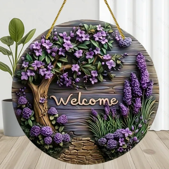 

Lavender Wooden Welcome Sign‌ - 7.87" Round Wall Decor with Boho Floral Design