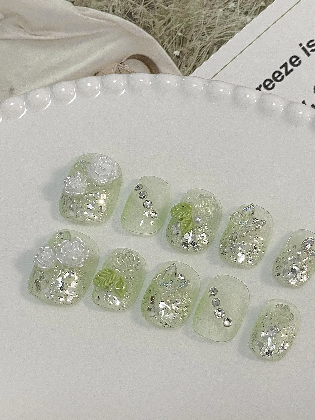 Short Square Press On Nails, Sheer Mint Green Sparkly False Nails, 3D White Rose, Butterfly and Leaf Rhinestone Design
