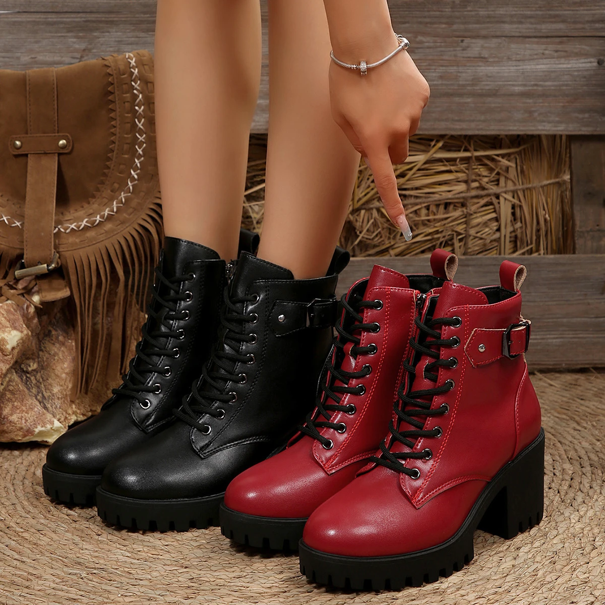 Women's Ankle Boots Retro Leather Casual Botas Fashion Knight Boots Lace Up Ankle Boots Casual High Top Booties Bottines Femmes
