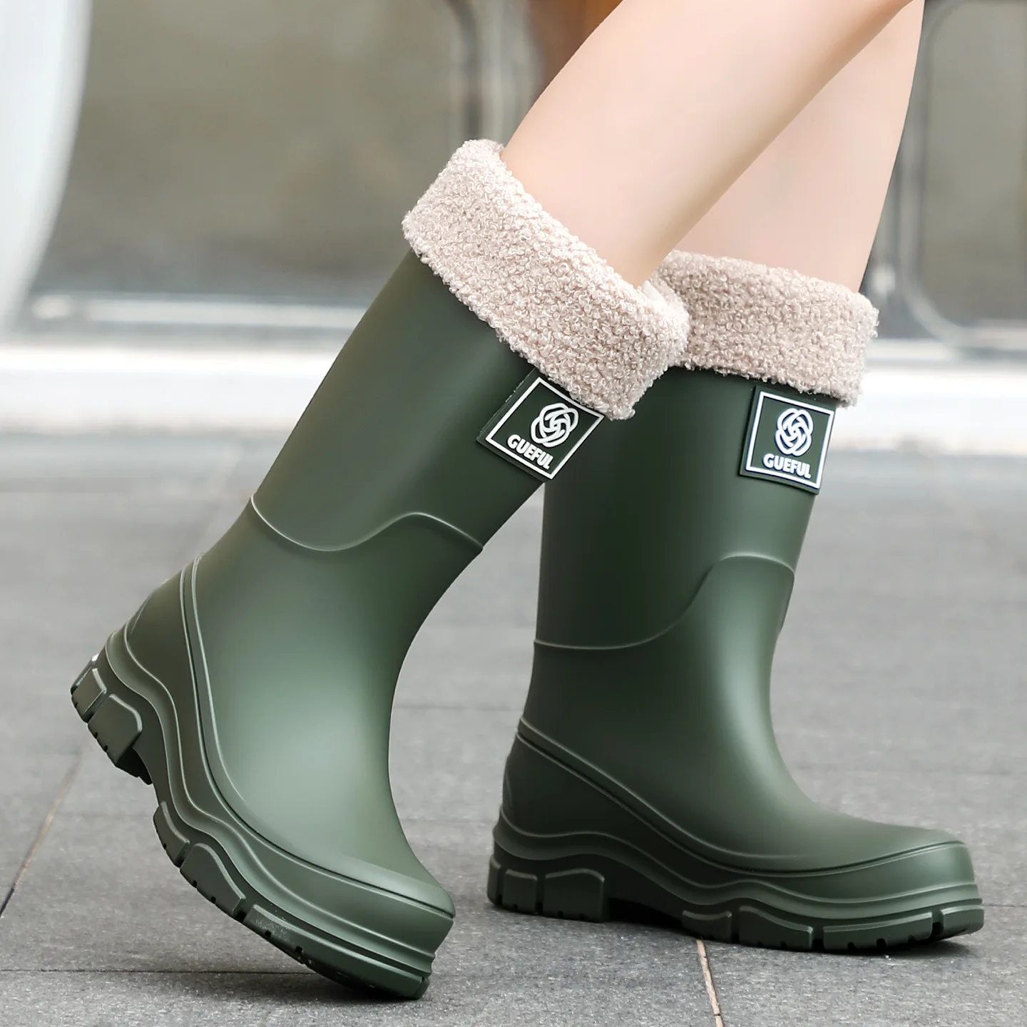 

New Style Rain Boots Mid-tube Women's Outer Wear Non-slip Water Shoes Fashionable Boots Thick Sole Plus Velvet Work Rubber Shoes