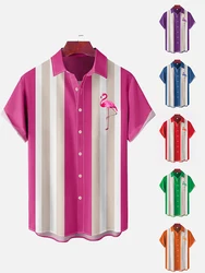 Camisa de manga curta havaiana masculina flamingo, blusa macia confortável, moda de botão, estilo boliche verão