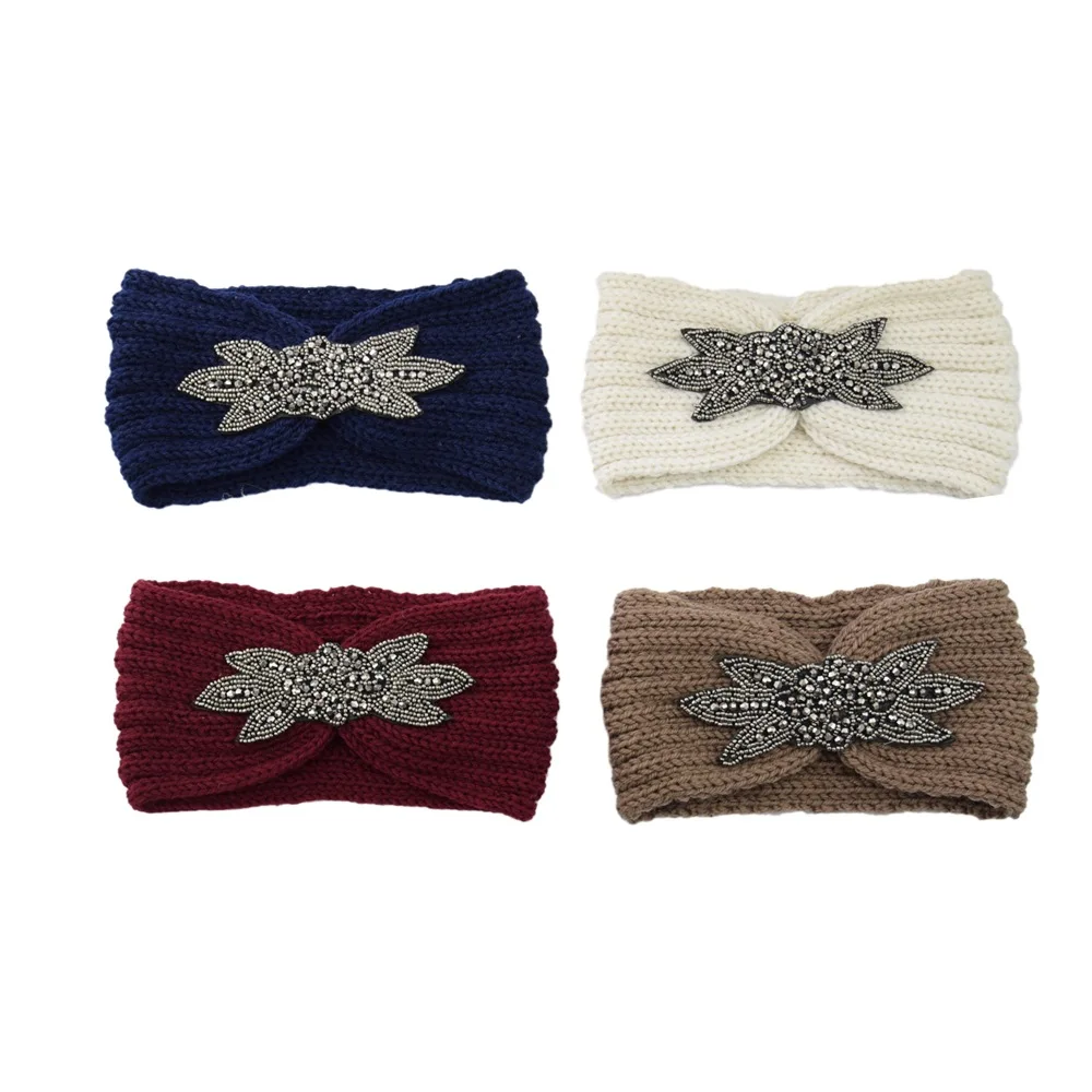 Edelstein-Stirnbänder, elastisch, Ohrenwärmer, gestrickt, Kopfbedeckung, Turban, breite Krempe, Kopfbedeckung für Damen und Mädchen, Wintermode, Haar-Accessoires – Detail 4