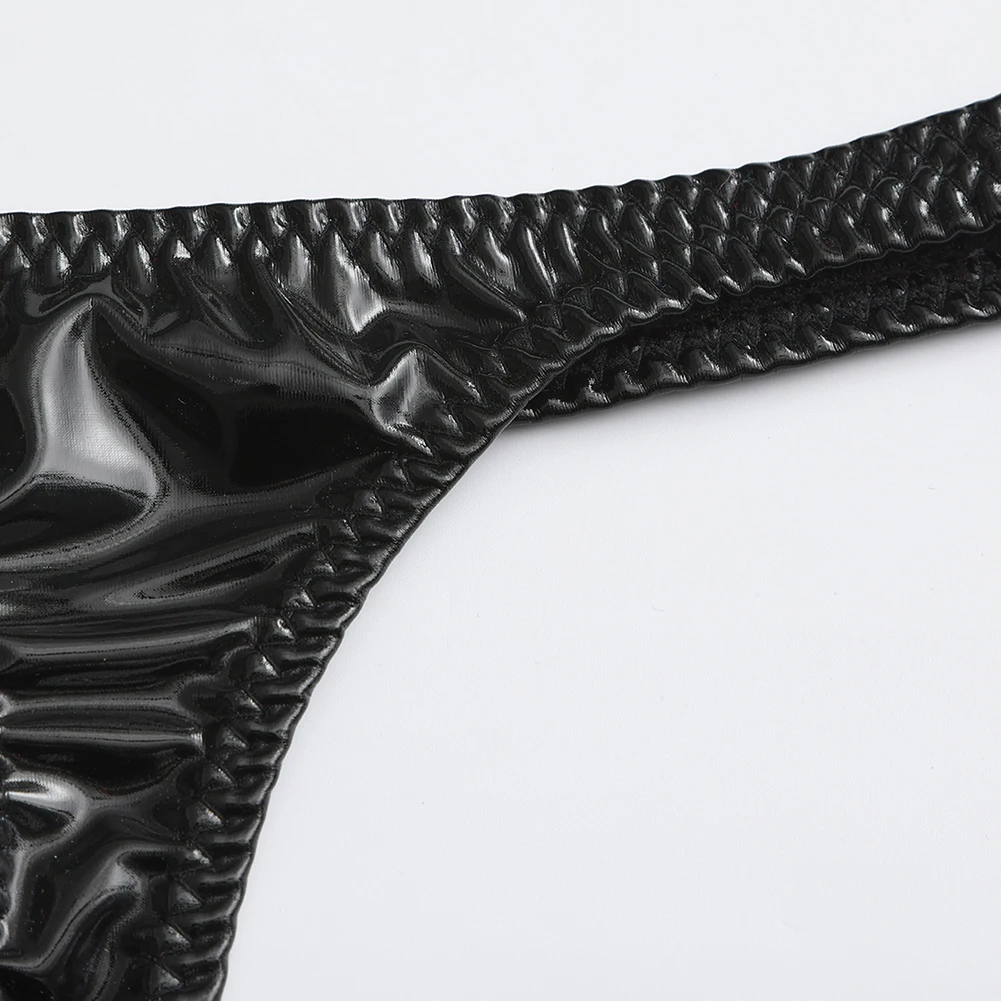 Low Waist Wet Look Sexy Men Imitation Leather Thong G-string Briefs Front Hole Open Pouch Nightwear Underwear