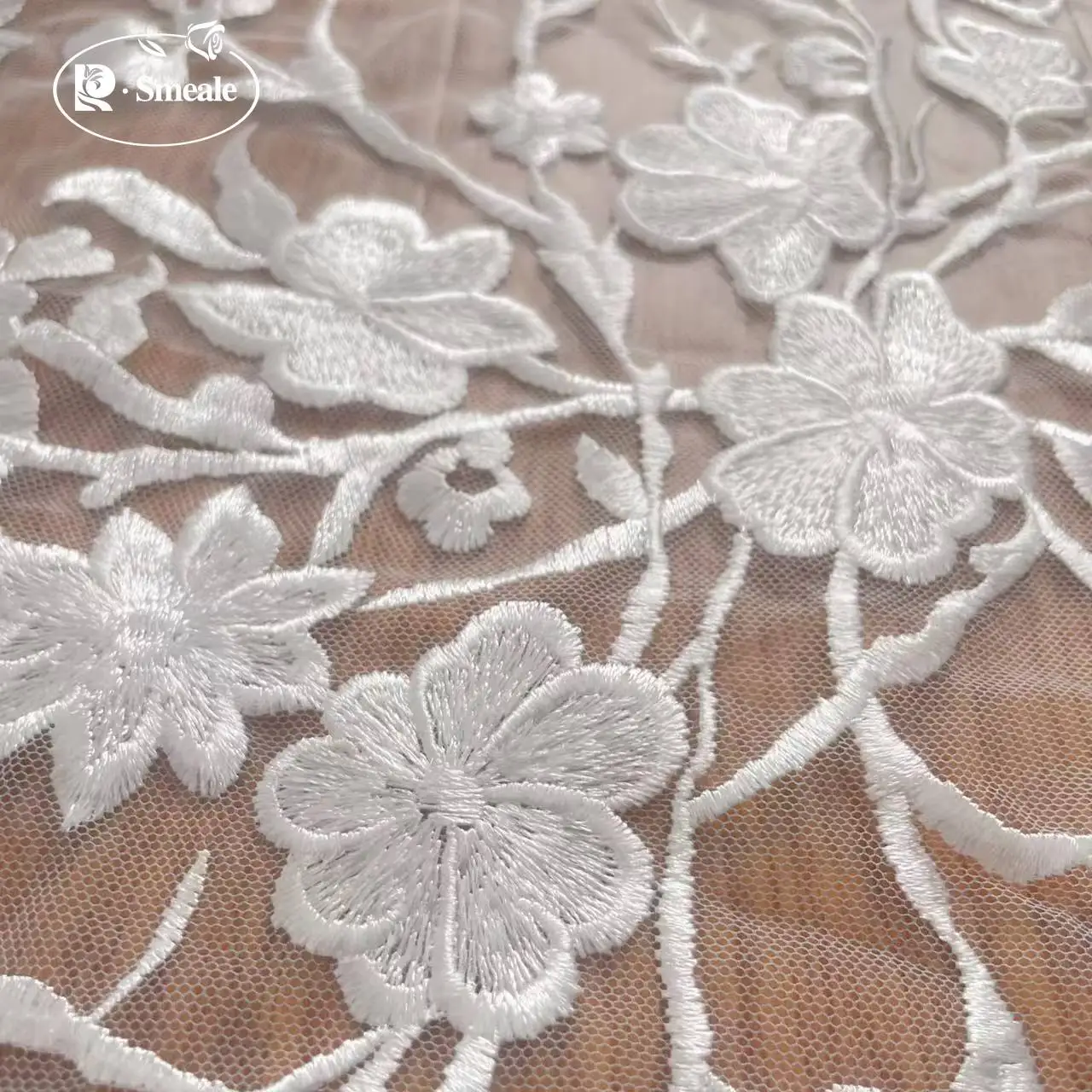 Embroidered Flower Twig Dress Lace Mesh Fabric, white, RS2562