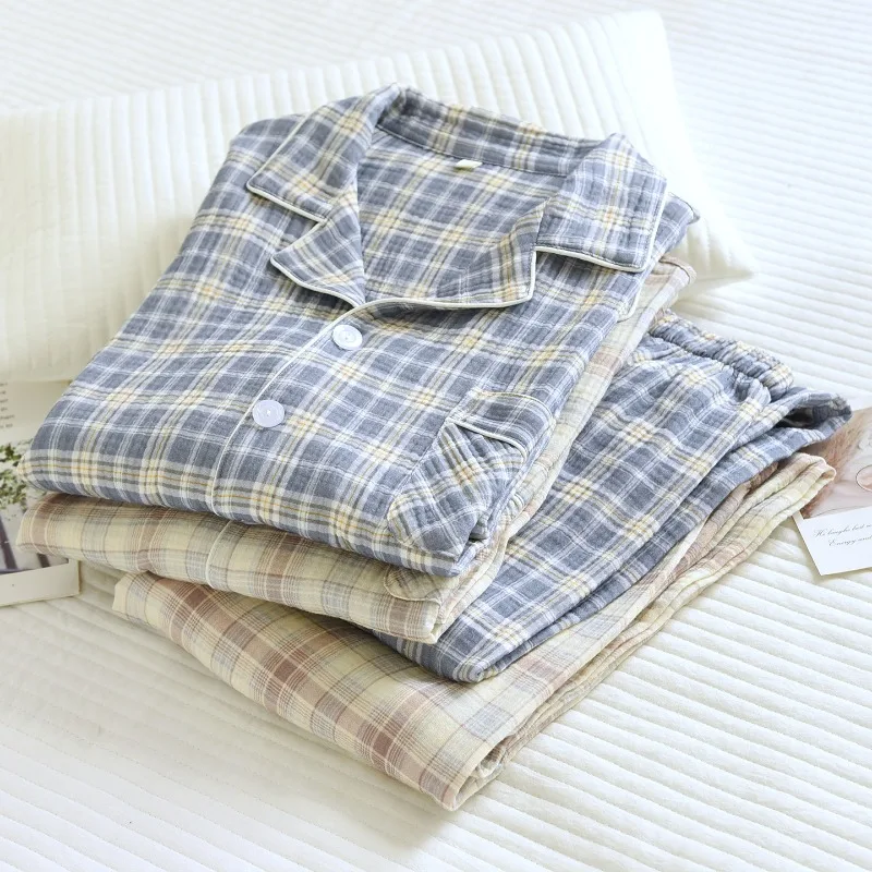 

Autumn Cotton Double Gauze Couple Loungewear Plaid Long Sleeve Lapel Pajamas Comfortable and Breathable Crepe Home Clothes