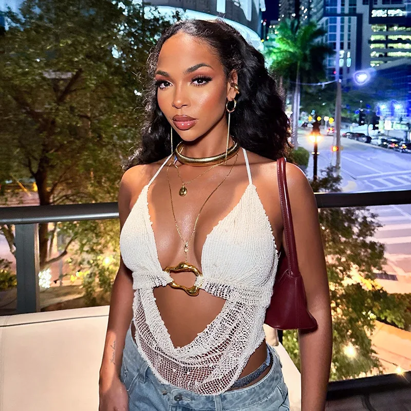

Halter Bikini Tops Fashion Chic Elegant T Shirts Streetswear 2025 Summer Clothes Women Skinny Bodycon Club Party Mesh Tops