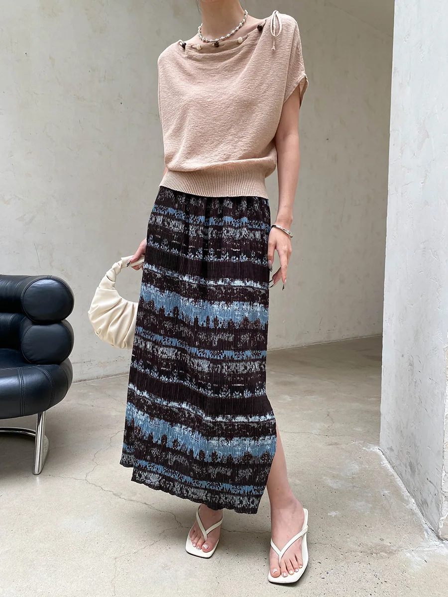 Sommerlicher Damenrock mit elastischem Bund, plissierter Textur, Retro-Print und geradem Schnitt – Detail 10