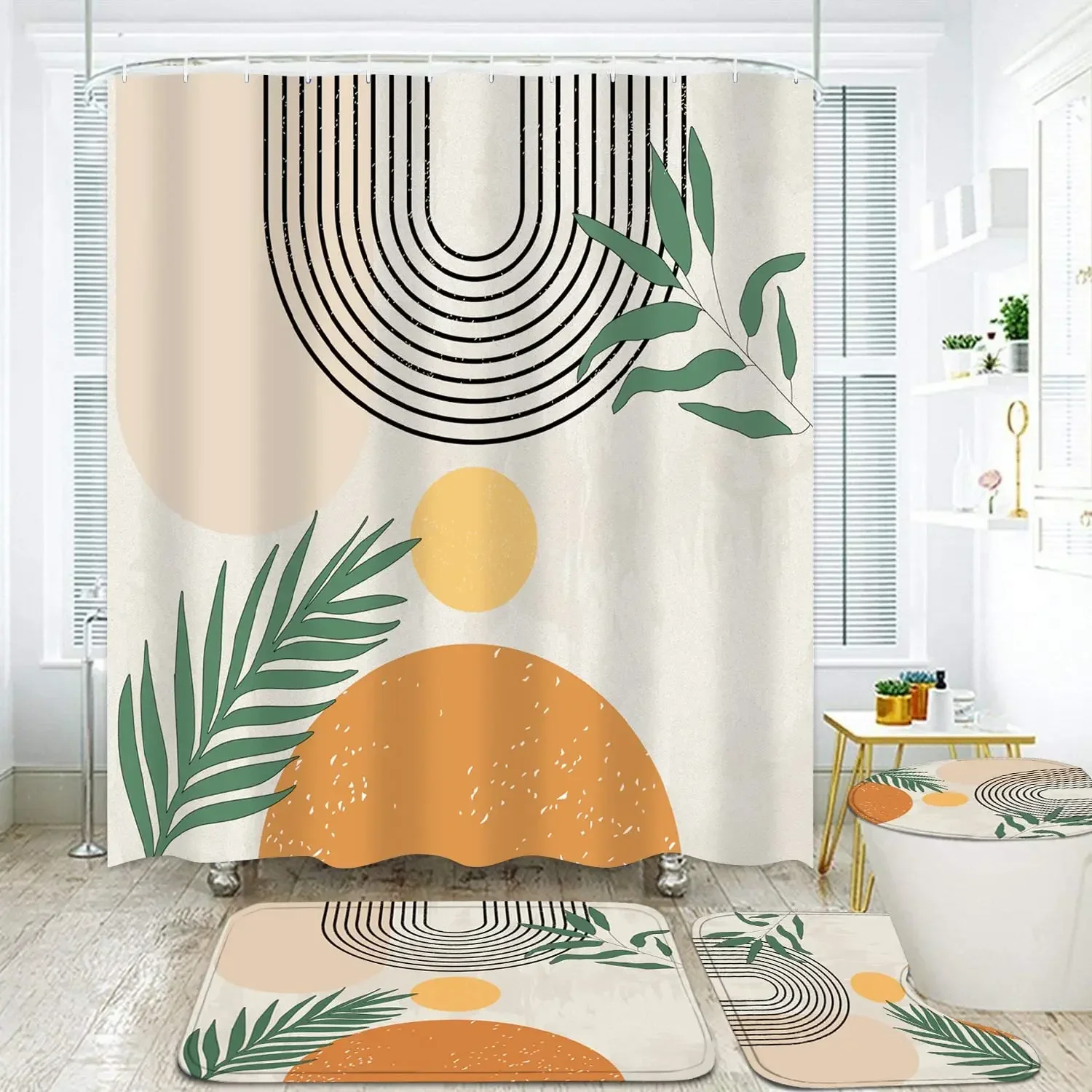 Mid Century Shower Curtain Set Boho    with Mat Rug,Abstract Waterproof Bathroom   ,Retro Orange