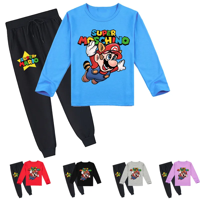 Mario Peripheral Children's Clothing Children's Cartoon Print Casual Sports Long Sleeve Children's Top and Bottom Set Best Gift