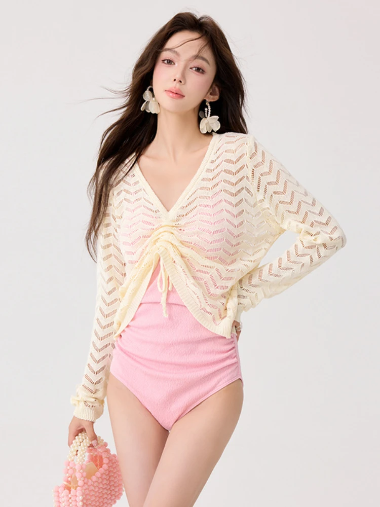 Fairycore Two Piece Long Sleeve Bikini Set Women Pink Simple Comfortable Swimwear With Crocheting Cover Up Female Beach Swimsuit