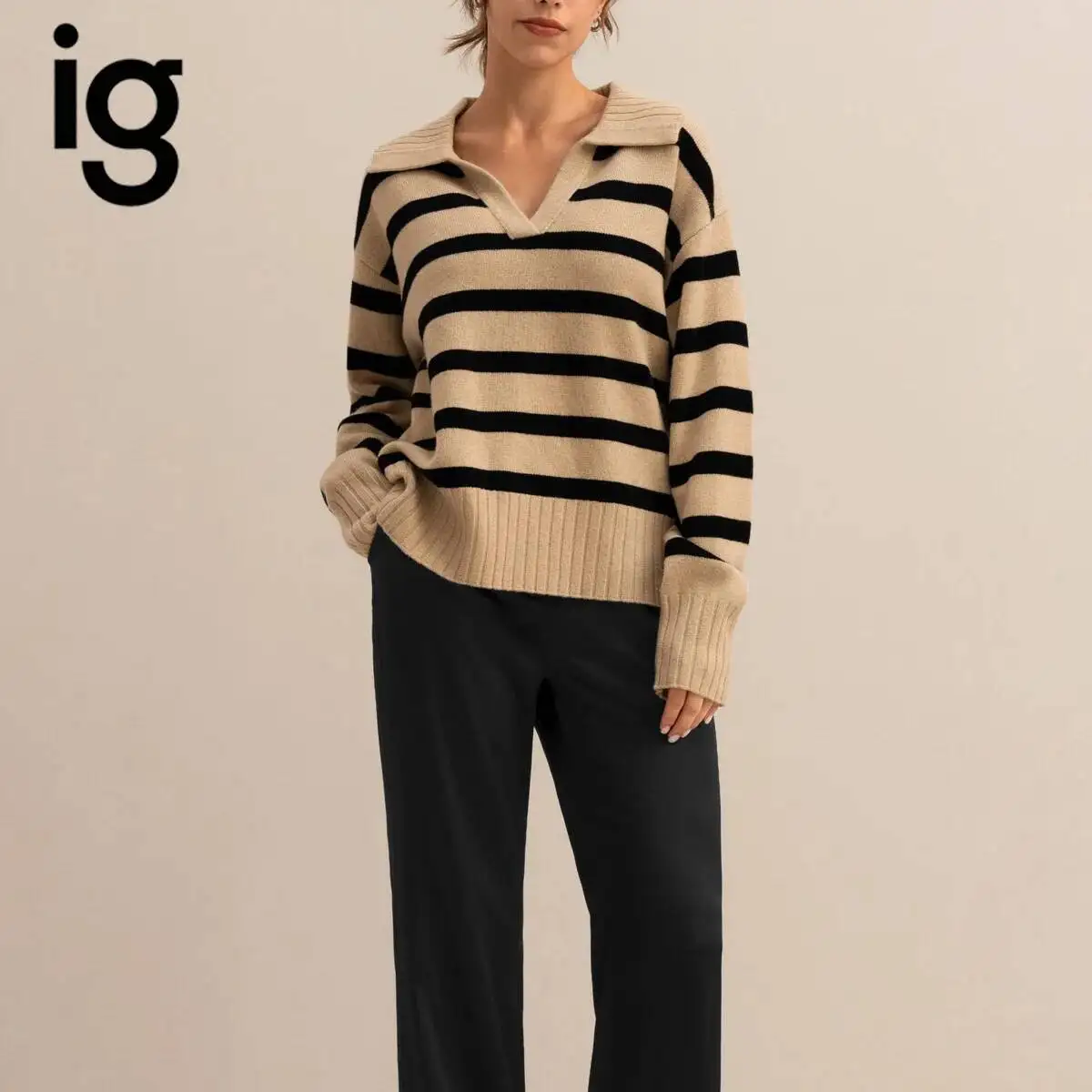 IG 2026 Women's Striped Knit Sweater, Lapel Collar V Neck Drop Shoulder Long Sleeve Ribbed Cuff Hem Oversized Loose Casual Top