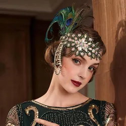 Vintage 1920s Flapper Headband Roaring 20s Great Gatsby Headpiece with Feather Hair Accessories 머리띠 резинки для волос 헤어밴드