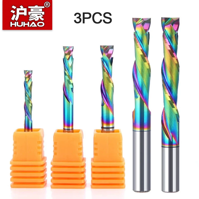 

HUHAO 3PCS Spiral Carbide Milling Cutter Compression Router Bit 2 Flute EndMill DLC Coating Woodworking Tool Wood Acrylic Cutter