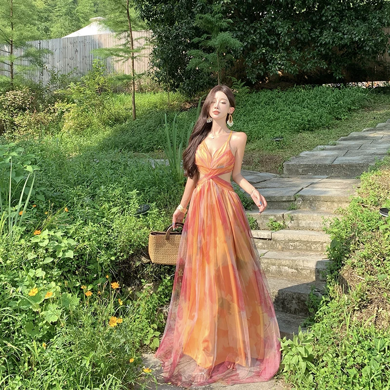 

Платье Monet Garden с оранжевым цветочным принтом, фасон Fairy Pure Desire, без бретелек, с вырезами, длинное, приталенное, из тюля, Dr Bal Dr