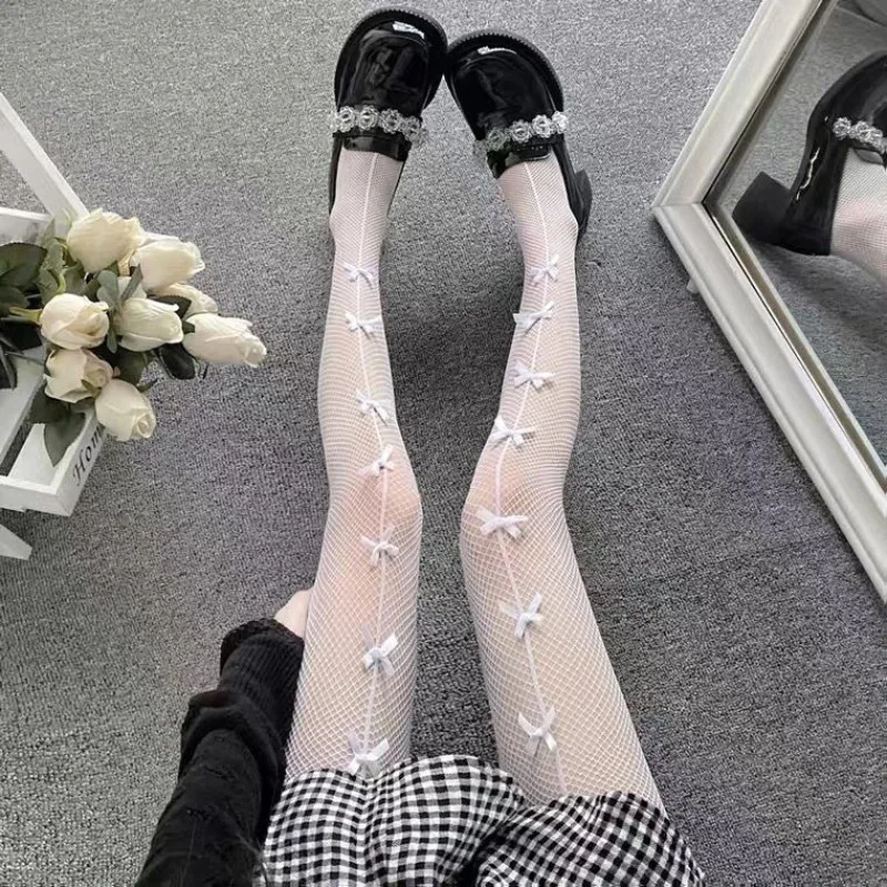 Mulheres sexy oco para fora bowknot collants fishnet malha camarão fio de fundo meia-calça lolita anime cos trajes bonito arco meia