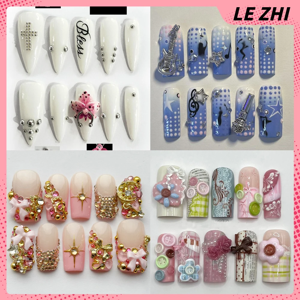 

2026 Summer 3D Flower Steel Ball Press On Nails Wing Notes Wave Point Gel Manicure Stiletto Ballet Dancer Square Shape Nail Art