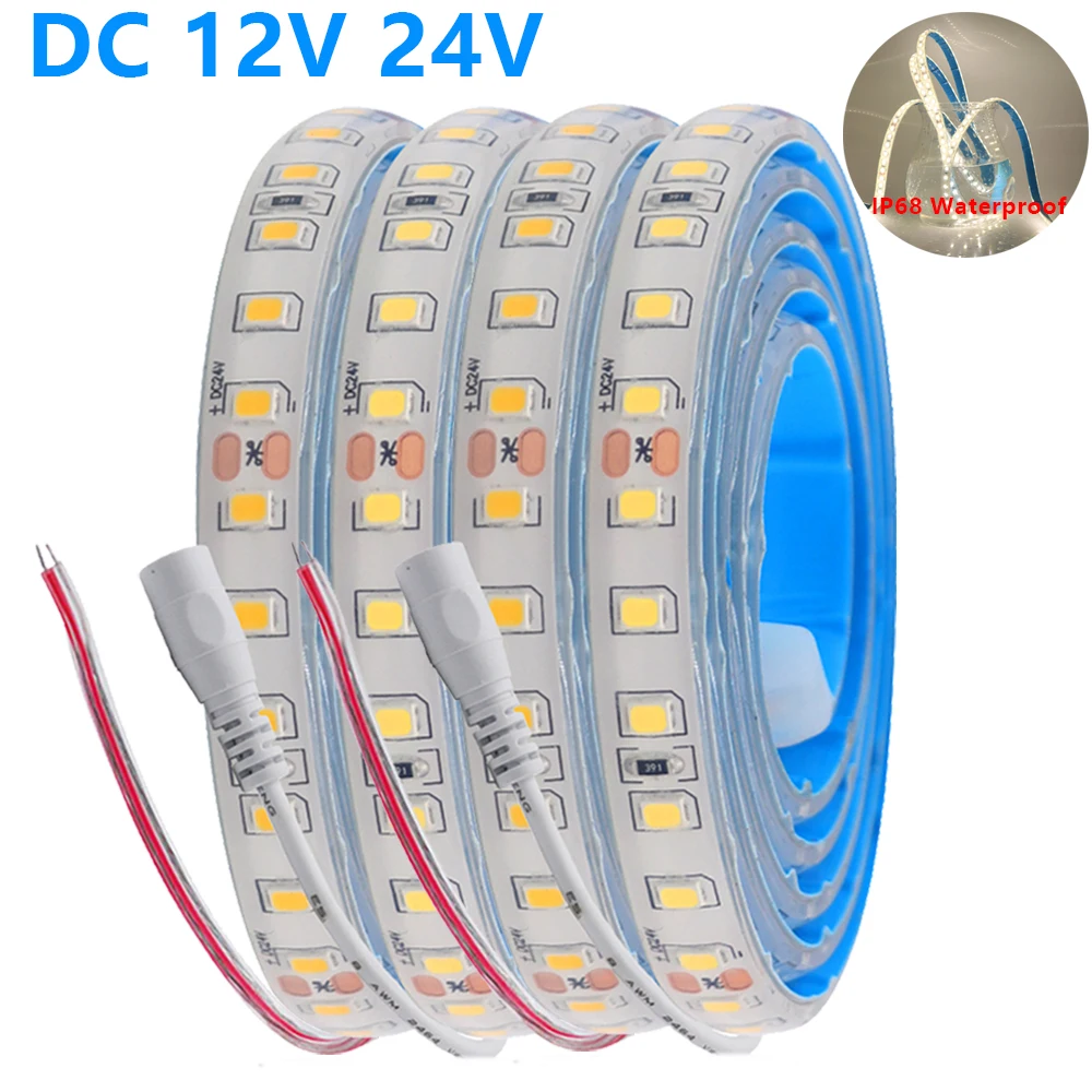 IP68 Waterproof LED Strip 12V 24V SMD 2835 120LEDs/m Flexible Adhesive LED Tape Outdoor Lighting for Sauna Swimming Pool