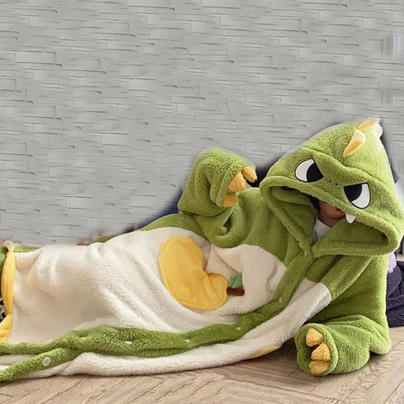 Cute Dinosaur Nightdress Warm Robes Women Plush Fleece Bathrobes Sleepwear Winter Long Sleeve Cartoon Hooded Nightgown Pajamas