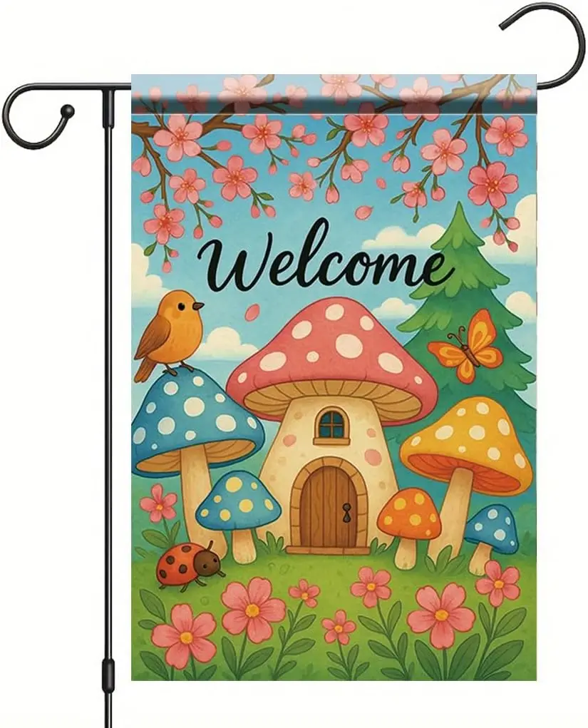 Mushroom House Garden Flag 12x18 Inch Double Sided Outdoor Yard Banner Cute Welcome Fairy Cottage with Flowers and Butterfli SSL