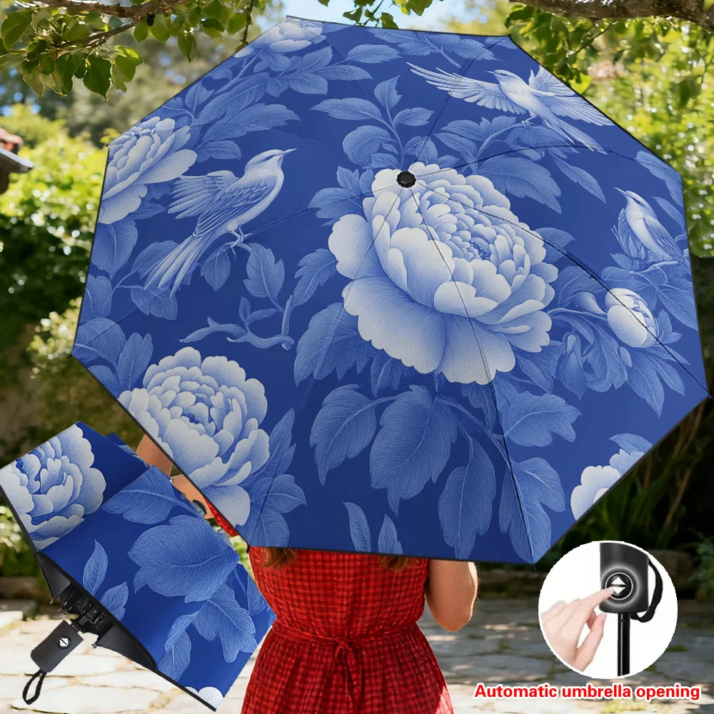 

1 шт. Синий зонт с цветочным принтом (пионы и птицы) - автоматическое открытие/закрытие, легкий компактный складной зонт с усиленной рамой, 8 спиц