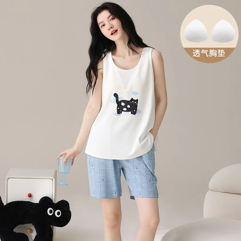 

Летний комплект пижамы 2026: безрукавка и шорты из 100% хлопка для женщин, милый мультяшный дизайн, домашняя одежда, пижама, одежда для сна