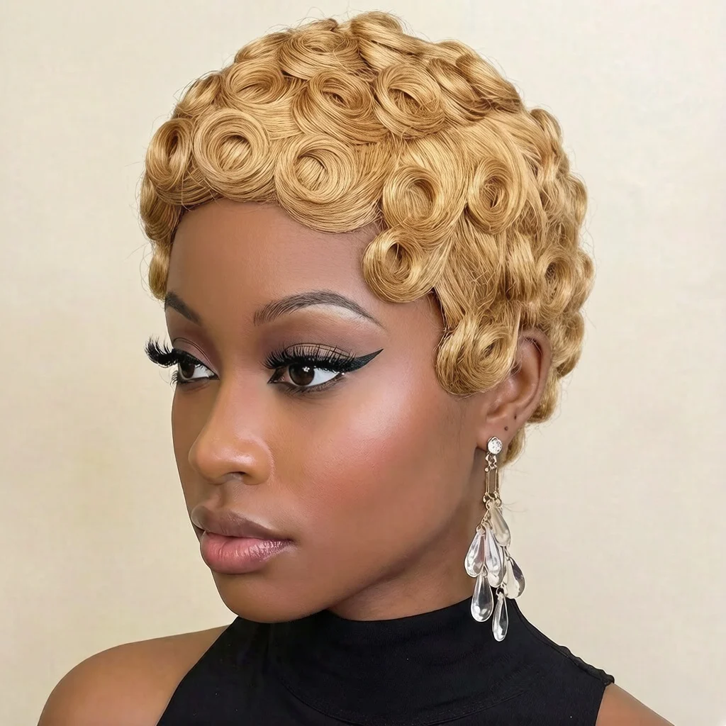 

Парик African Wave/Voluminous Short Pixie для женщин - из натуральных волос, полностью машинной работы, с естественными волнистыми слоями, элегантный, на каждый день.