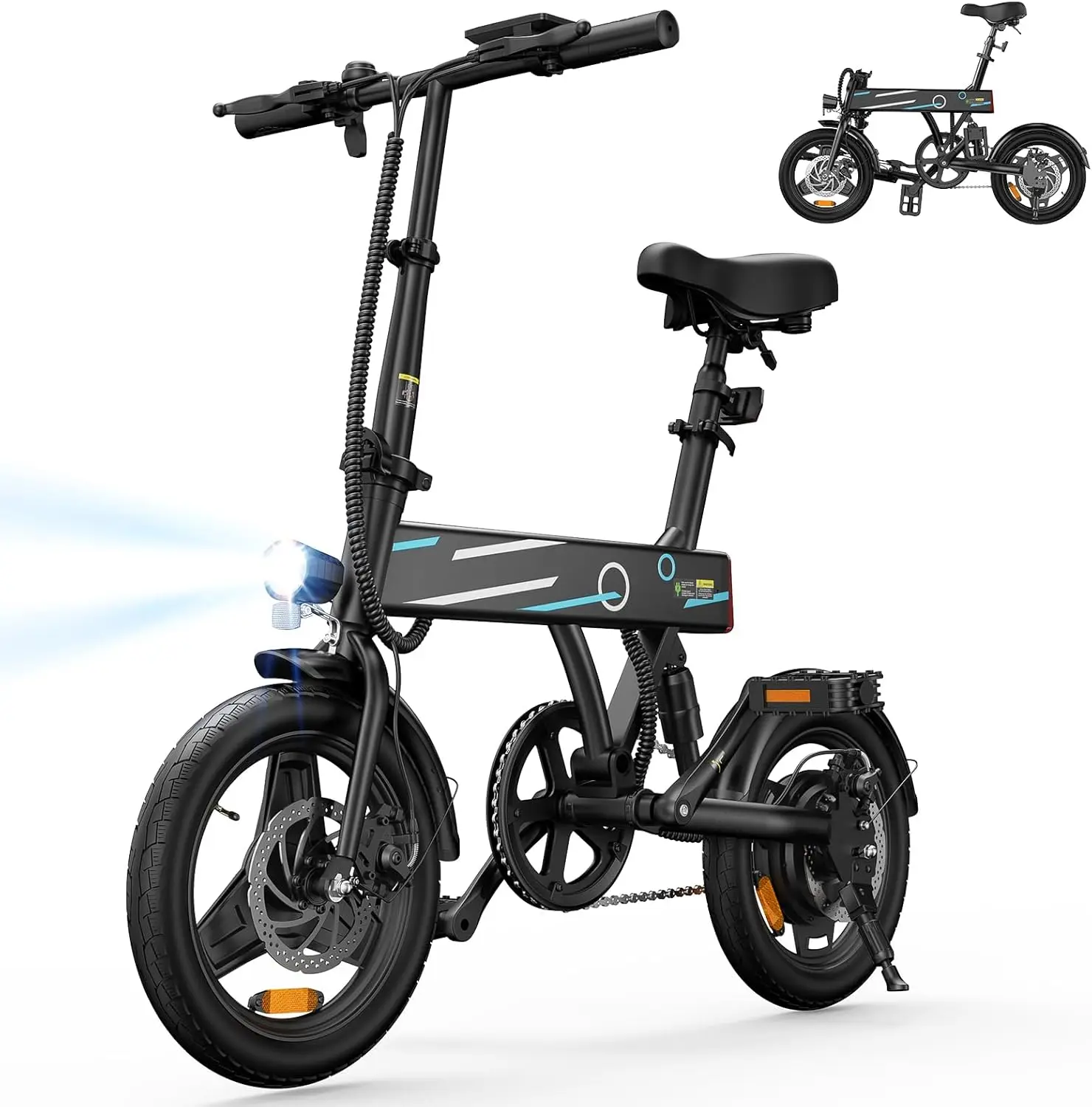 Foldable Adult  Bicycle 500W Peak Motor 20 MPH Max Speed 55 Miles Range 14 Inch Tire 3 Speed Modes Shock Absorber E Bike