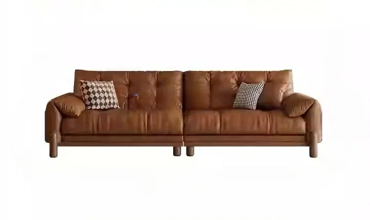 

XZ1Living room solid wood sofa new three-person straight row small apartment retro first-layer cowhide sofa