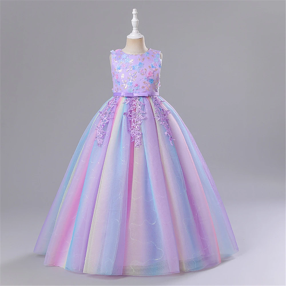 2023 Summer Girls Elegant Evening Wedding Prom Dress Party Pink Purple Blue Embroidered Flower Long Dresses Toddler Girl Clothes