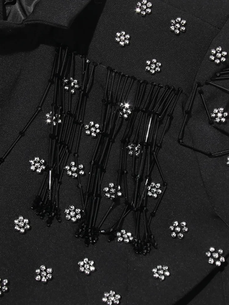 ZMEENNA 2025 春の新作レディースブラックブレザーラインストーン花装飾とフリンジディテールシングルブレスト ZM703