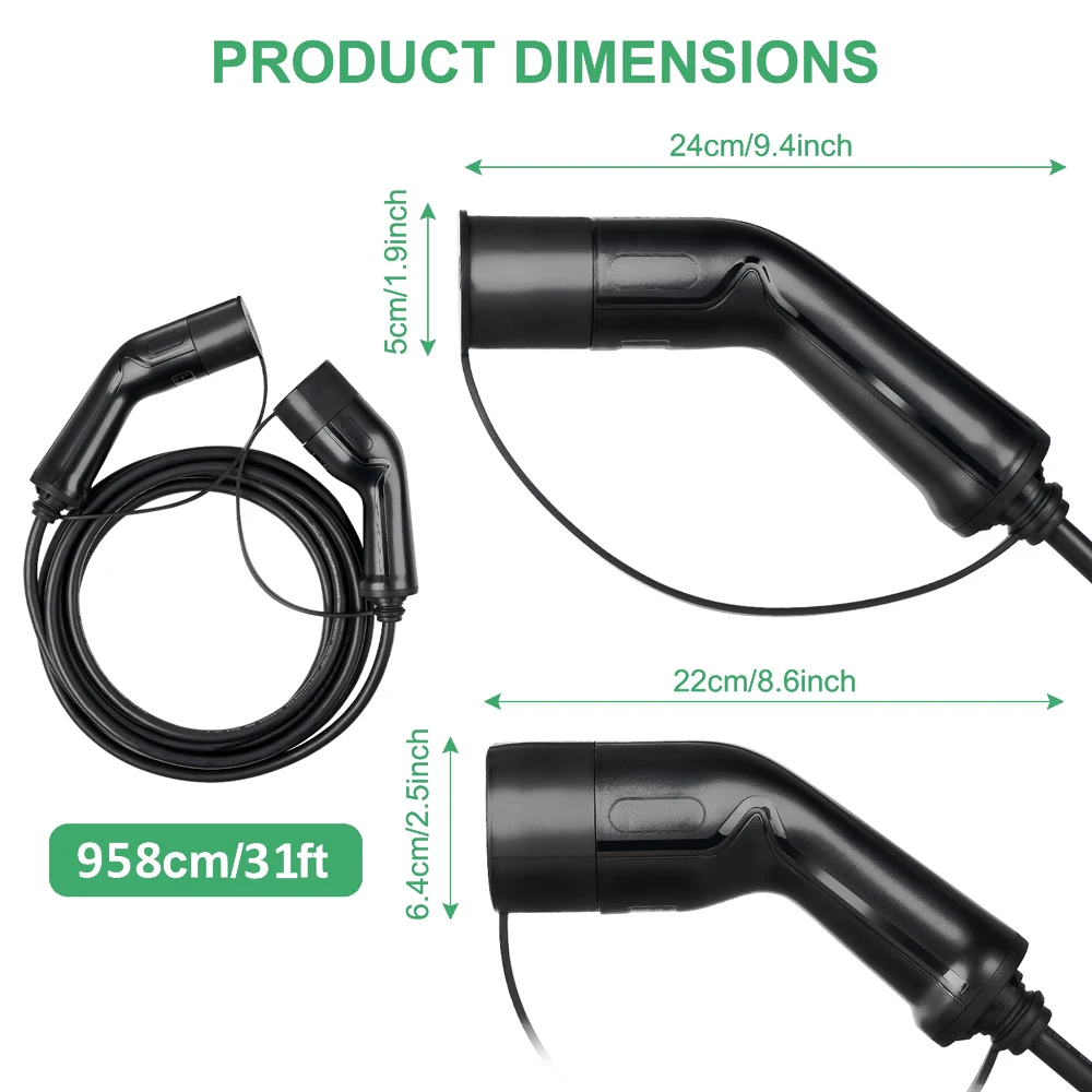 Câble de Chargement Rapide pour Véhicule Électrique, Monophasé UE, Mode 3 Type 2 à Type 2, 10m, 32A, 7kW