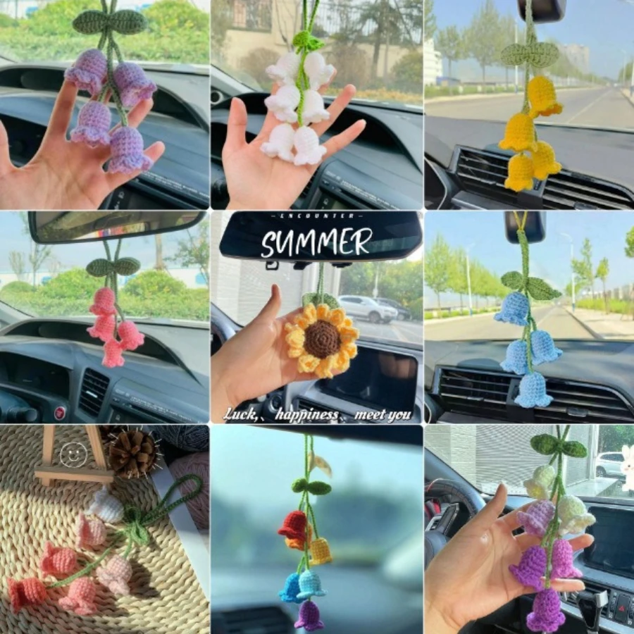 Lily Handmade Crochet Car Pendant Decoration  Bluebell Flower Rearview Mirror of The Car Hanging Keychain Accessories Woman Gift