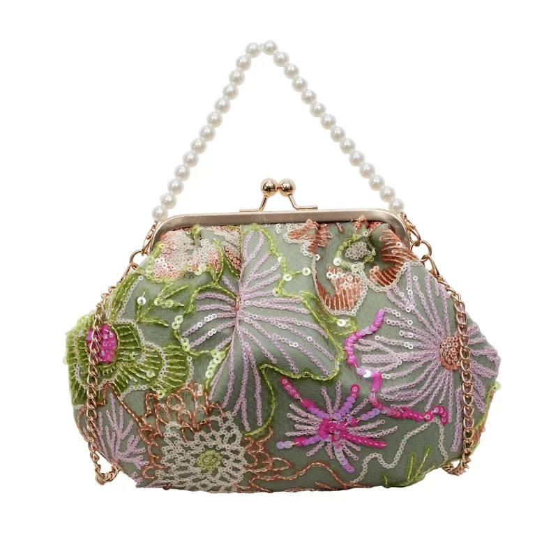 Flower Sequins Embroidered Pearl Portable Dinner Bag Light Luxury Celebrity Style Clip Bag Chain Crossbody Women's Bag