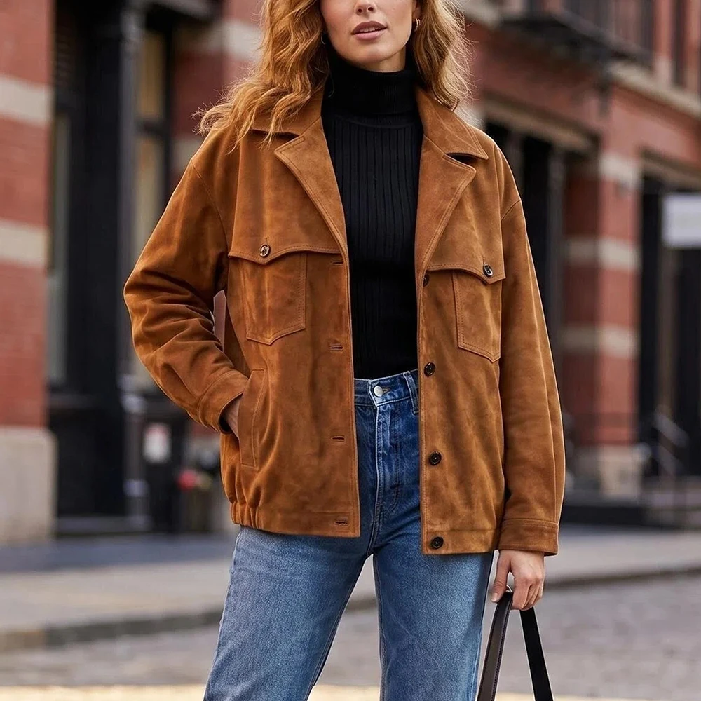 

Imported A-level Suede Sheepskin Jacket Coats for Women Fall Retro Lapel Single-breasted Female Casual Loose Real Leather Jacket