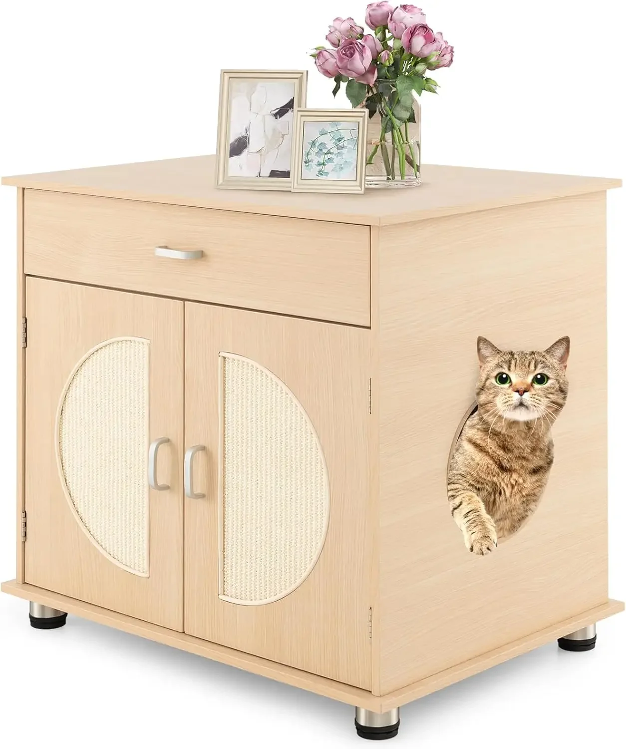 

Cat Litter Box Enclosure, Hidden Cat Washroom with Drawer, Sisal Scratching Doors, Adjustable Metal Feet,