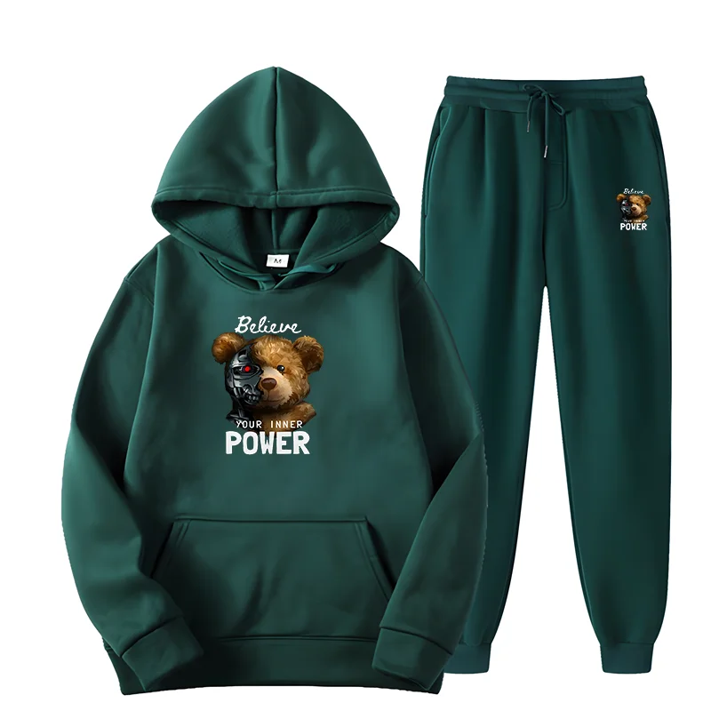 Robot Bear Fashion Design Print Men's Hoodie Set Spring Autumn Pure Cotton Oversized Long Sleeve Hoodie+Loose Casual Sweatpants